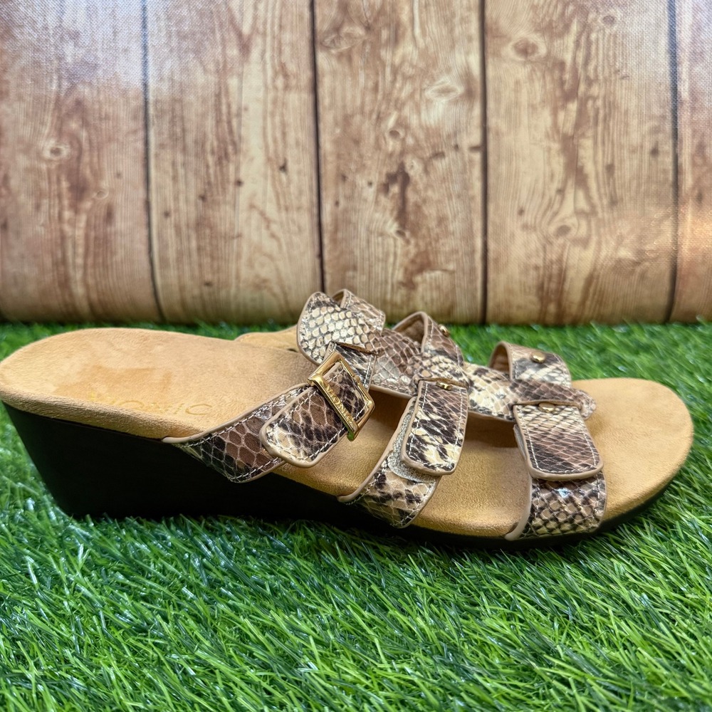 Vionic Radia Wedge Sandals Womens Size 8 Wide Brown Snakeskin Strappy Orthotic